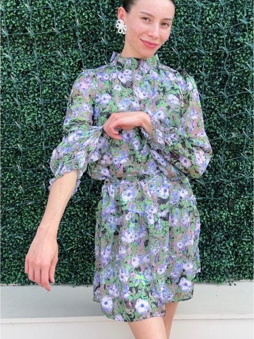 Jade Green and Lavender Floral Ruffle-Neck Long Sleeve Mini Dress Size: XS